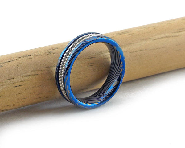 Blue Tungsten Damascus Ring