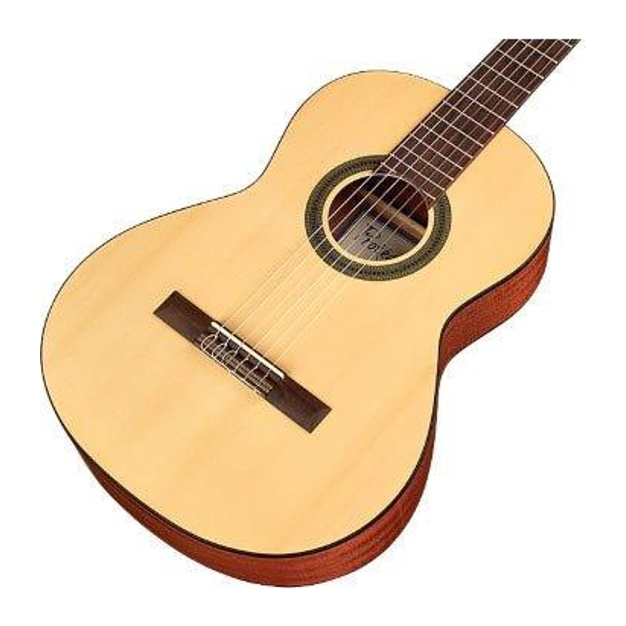 Cordoba C1M 3/4 classical guitar, angled view of natural-finish body and bridge
