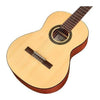 Cordoba C1M 3/4 classical guitar, angled view of natural-finish body and bridge