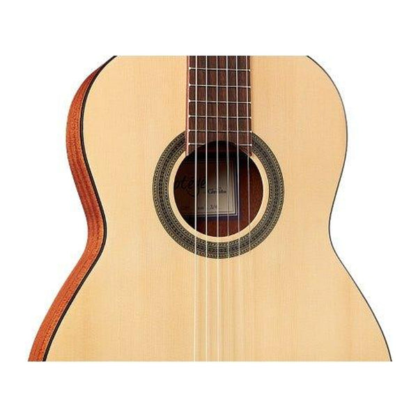 Cordoba C1M 3/4 classical guitar, close-up of natural top, soundhole and rosette