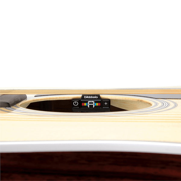 Close-up of a guitar with a digital display and Blidtario branding on a white background with D'Addario PW-CT-15 Micro Soundhole Tuner for Acoustic Guitar.