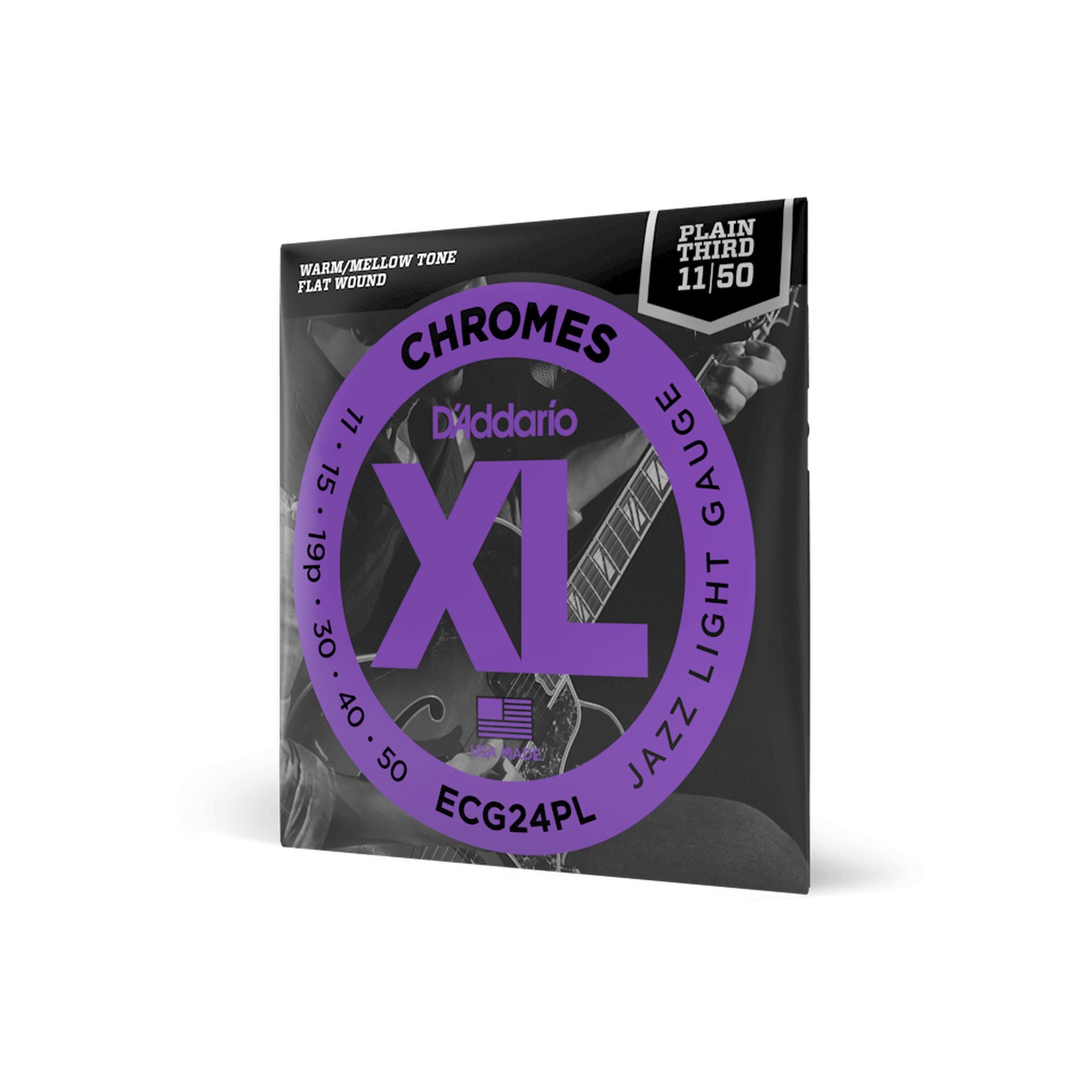 D'Addario ECG24PL XL Chromes Jazz Light Electric Guitar Strings, 11–50, Plain Third