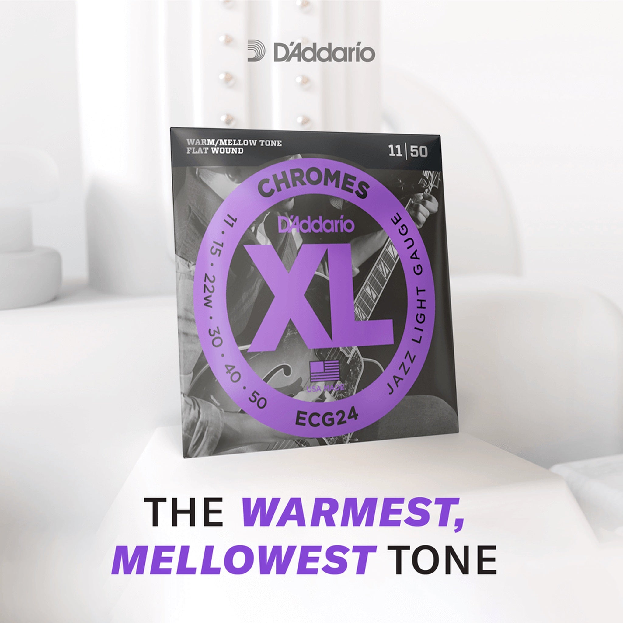 D'Addario ECG24PL XL Chromes Jazz Light Electric Guitar Strings, 11–50, Plain Third