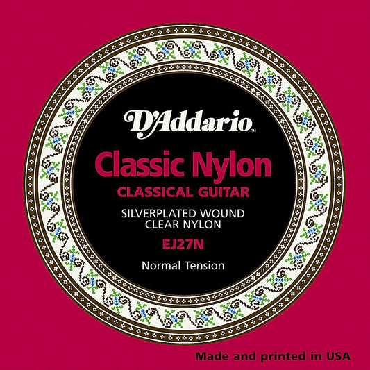 D'Addario Guitar Strings - Classic Nylon Guitar Strings - EJ27N Classical Guitar Strings - Silver Plated Wrap, Nylon Core, Clear Student Nylon Trebles - El Cajon Guitars and Music