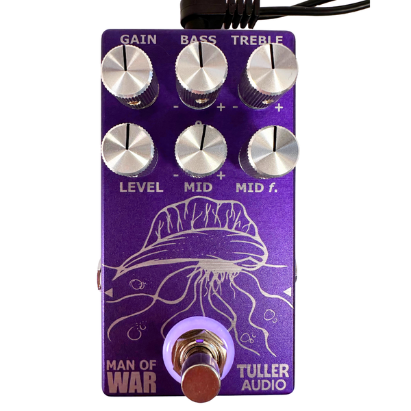Tuller Audio Man of War Distortion Pedal - top view with LED ring lit