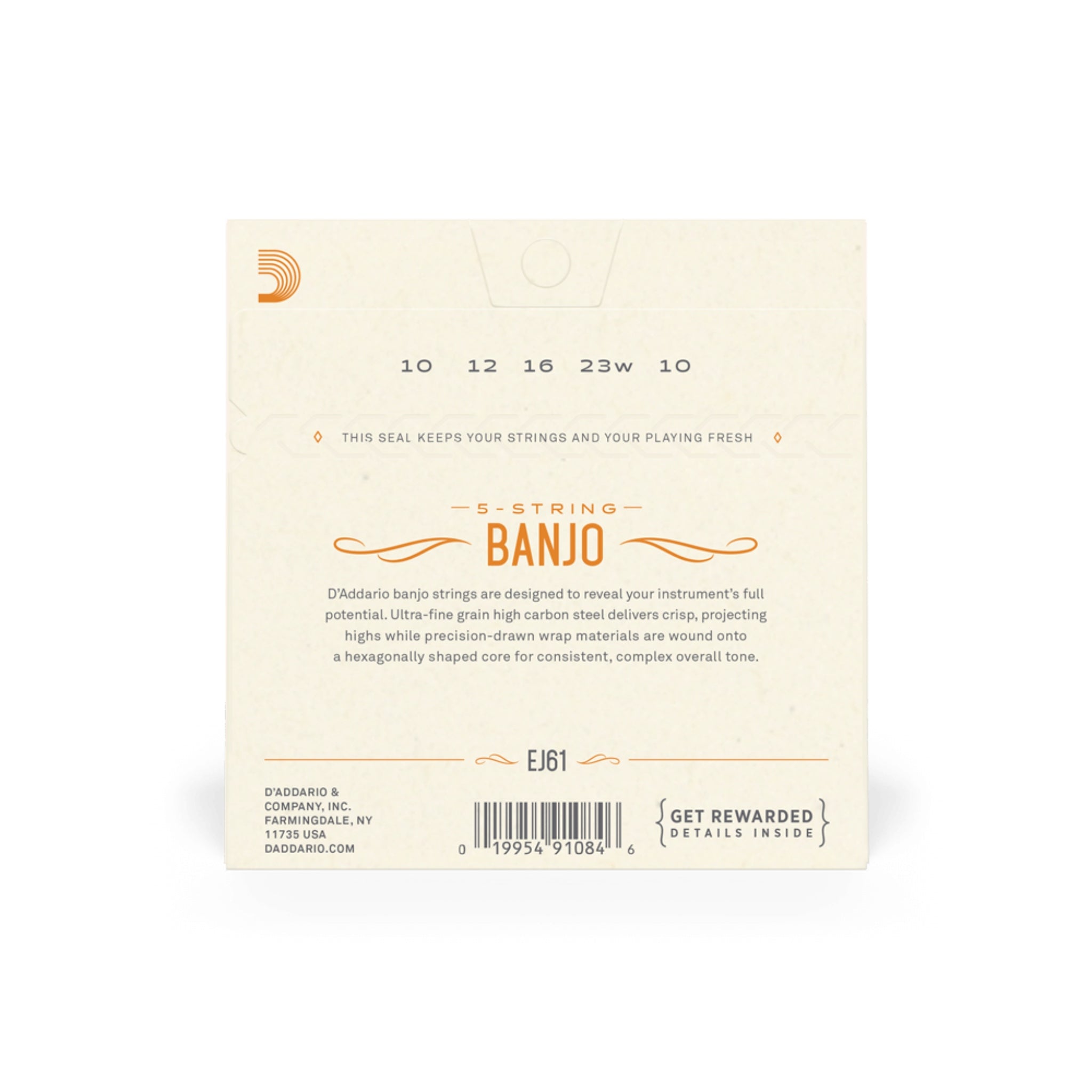 Banjo string set packaging with product details on a white background