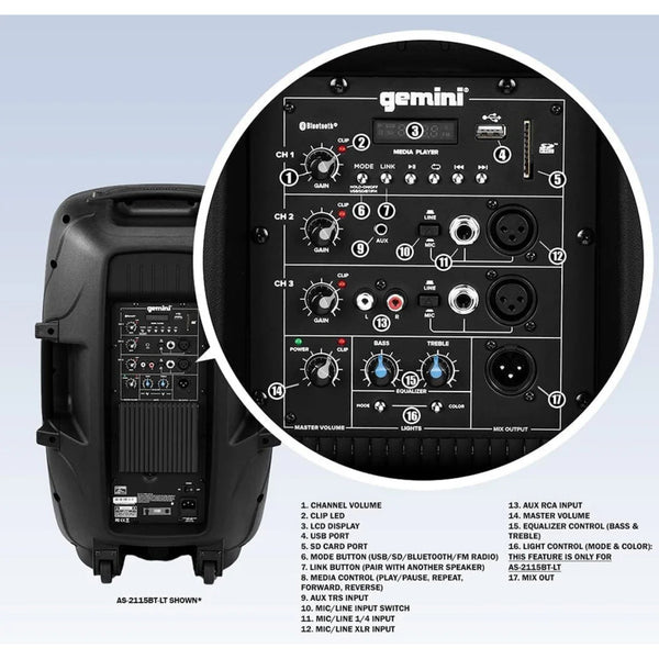 Gemini Sound As - 2115BT - LT Active 15" loudspeaker, 2000W Peak, 350W + 50W RMS, 8 ohms w/ 33 oz magnet, ¼”, XLR, RCA, AUX, Bluetooth, USB, SD, FM radio with Party Lights around woofer - El Cajon Guitars and Music