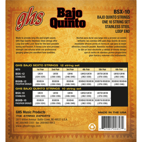 GHS Strings GHS Stainless Steel Bajo Quinto Strings - Loop End (BSX - 10) - El Cajon Guitars and Music