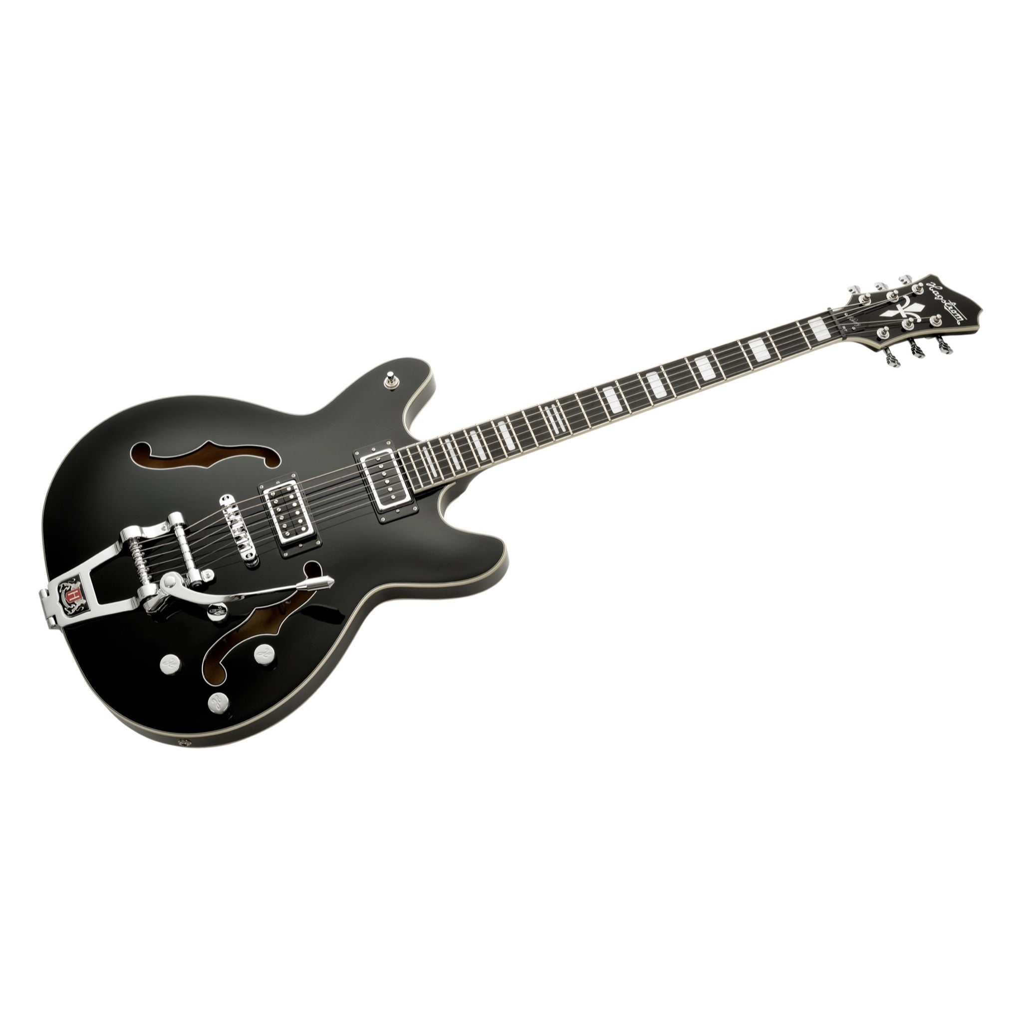 Hagstrom Tremar Viking Baritone Deluxe Black Gloss body and f-hole detail