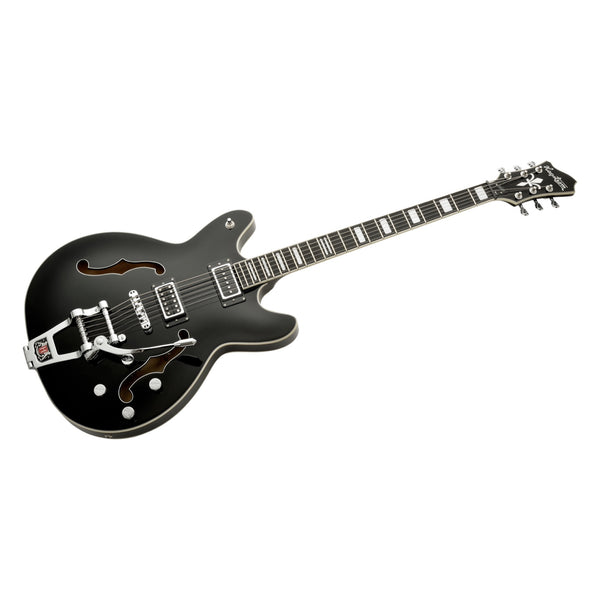 Hagstrom Tremar Viking Baritone Deluxe Black Gloss body and f-hole detail