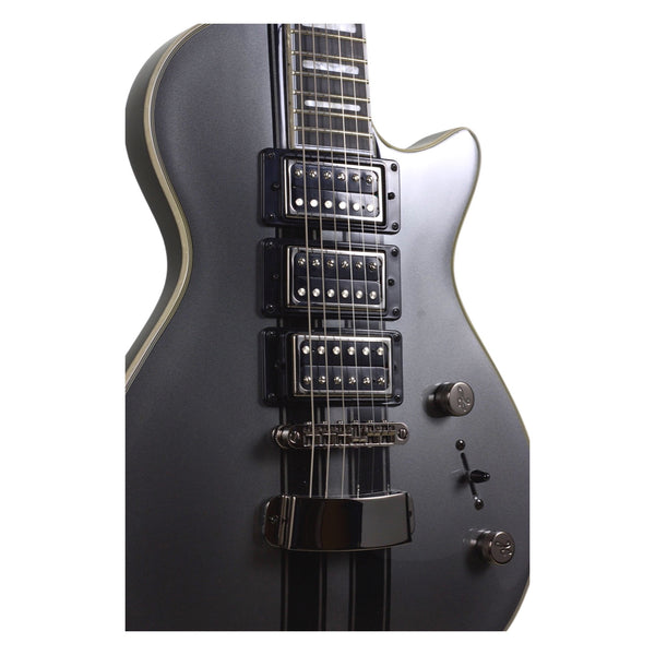 Hagstrom Ultra Max GT Carbonized Grey body detail showing three Lundgren Design humbuckers