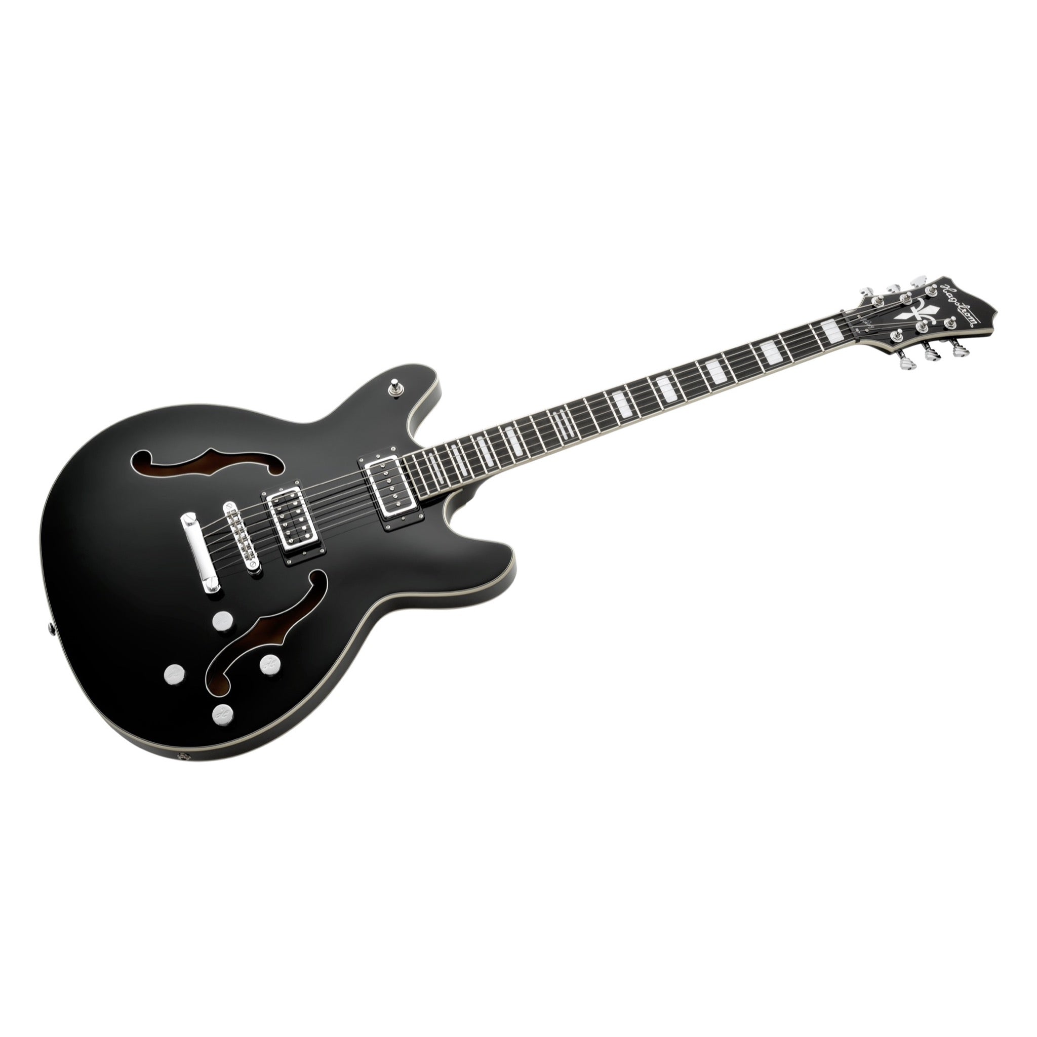 Hagstrom Viking Deluxe Baritone Black Gloss body and f-hole detail