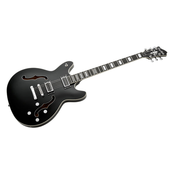 Hagstrom Viking Deluxe Baritone Black Gloss body and f-hole detail