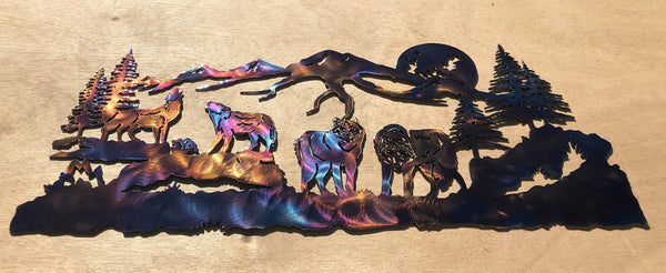 Wolf Pack with Mountains, Trees and Moon Metal Art Sculpture (#143)