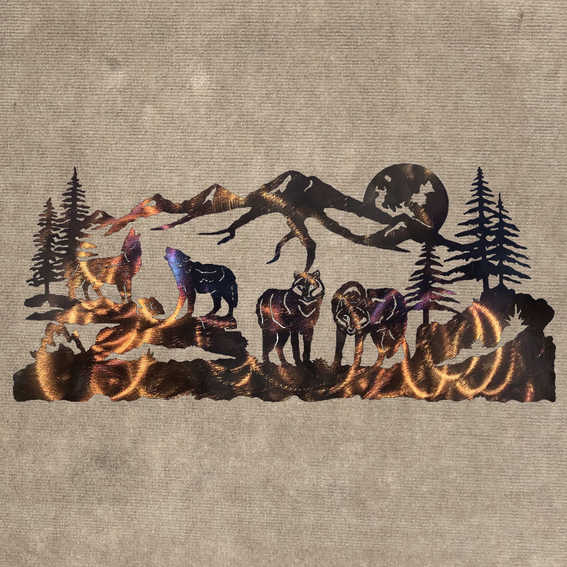 Wolf Pack with Mountains, Trees and Moon Metal Art Sculpture (#143)
