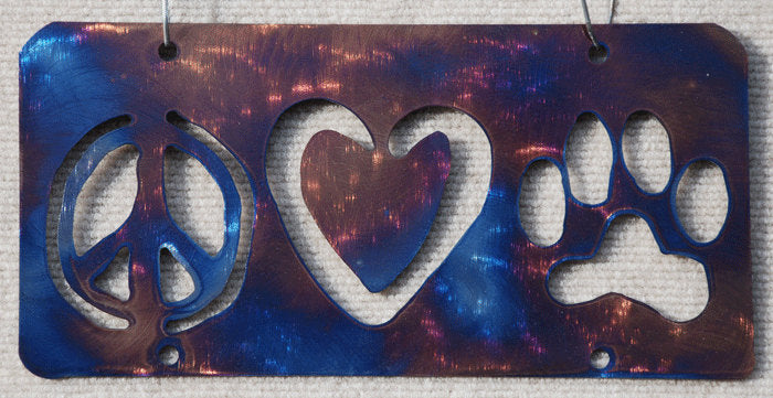 Peace, Love and Paw Print License Plate Metal Art