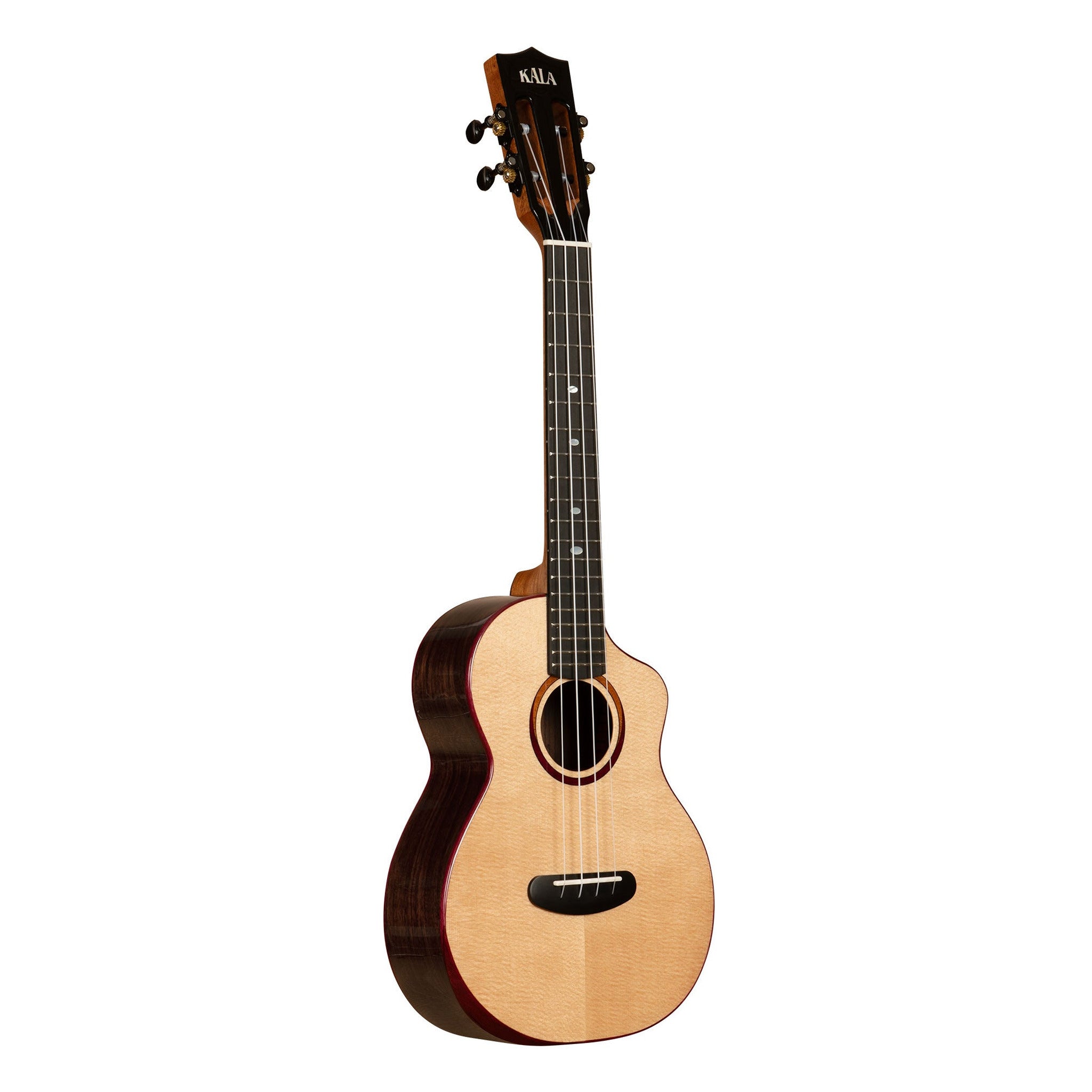 Kala Contour spruce rosewood tenor cutaway ukulele, left angle showing venetian cutaway