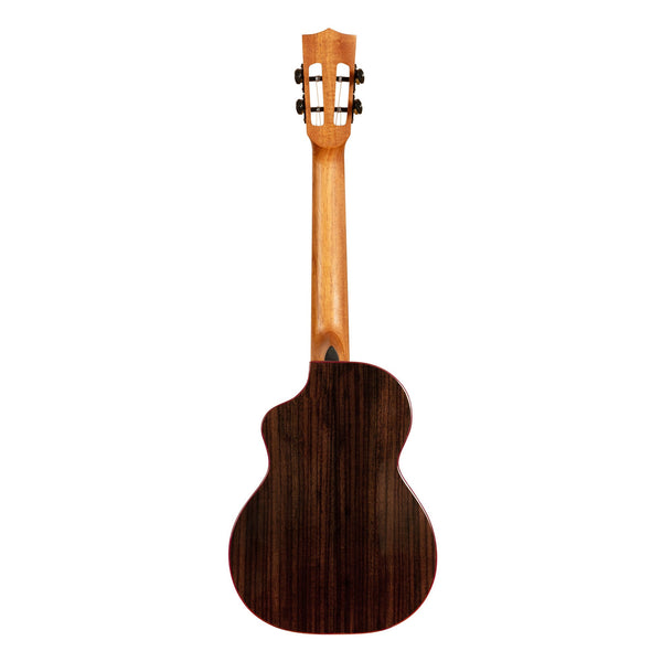 Kala Contour spruce rosewood tenor cutaway ukulele, back view with solid rosewood back and slotted headstock