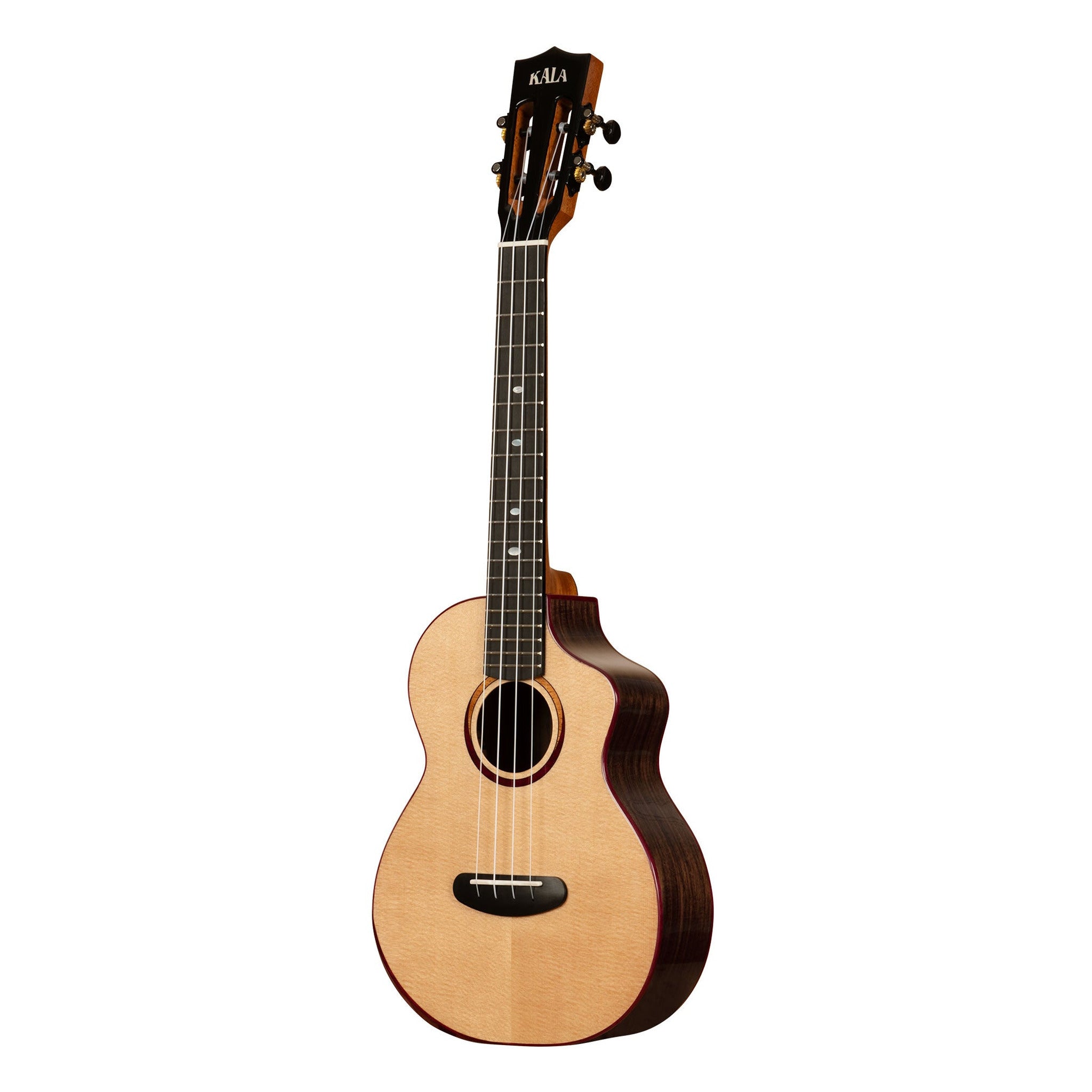 Kala Contour spruce rosewood tenor cutaway ukulele, right angle showing rosewood sides