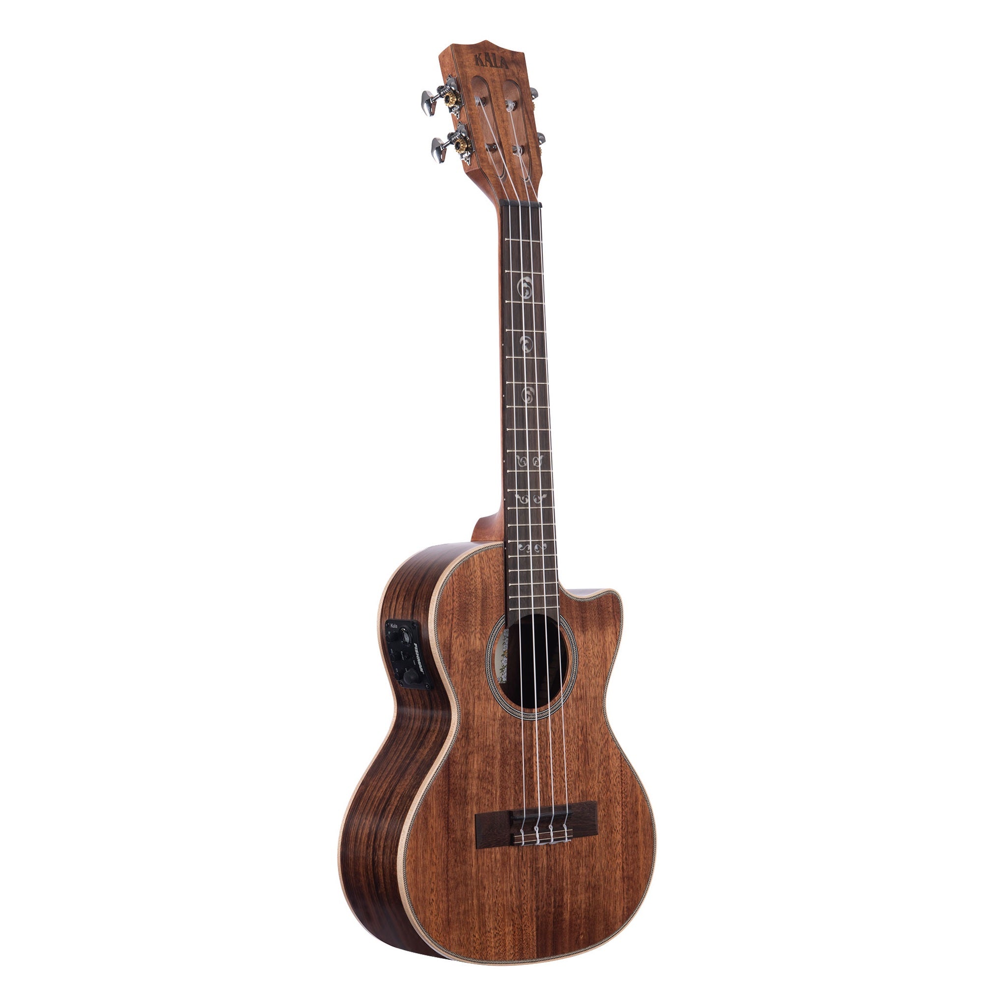 Kala KA-SA-TE-C acacia tenor ukulele angled front-left, showing figured grain and cutaway
