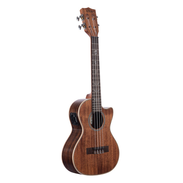 Kala KA-SA-TE-C acacia tenor ukulele angled front-left, showing figured grain and cutaway