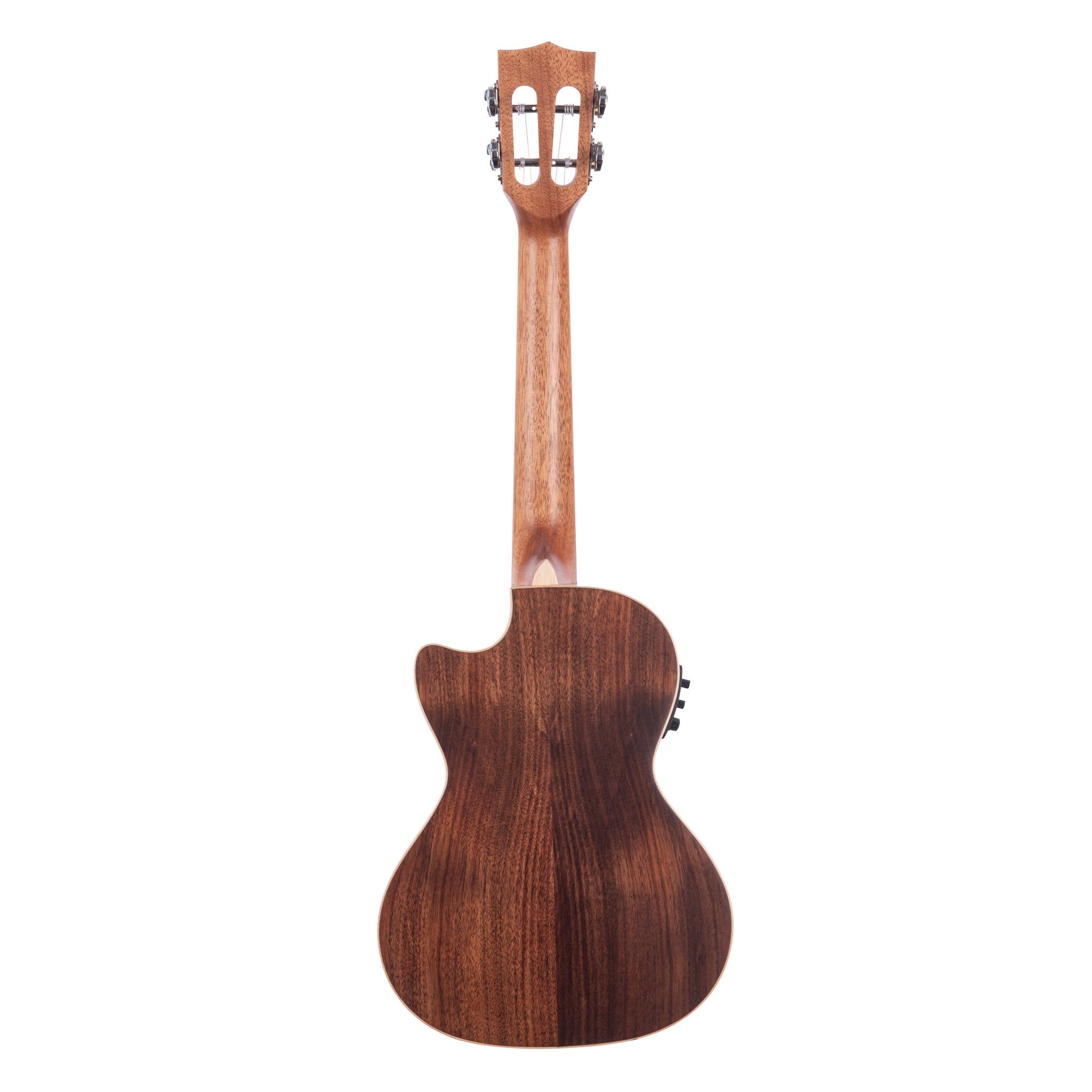 Kala KA-SA-TE-C tenor ukulele rear view, showing acacia body, cutaway and mahogany neck