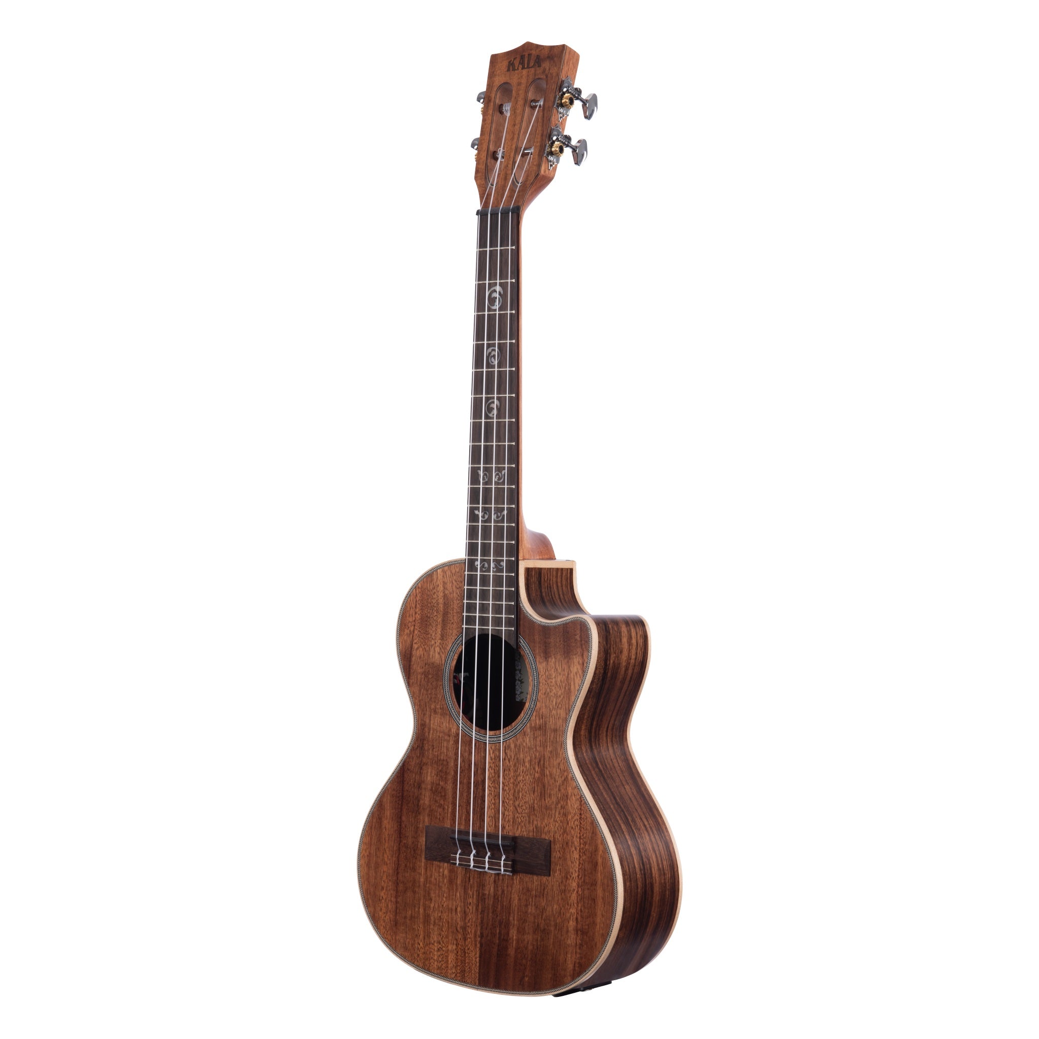 Kala KA-SA-TE-C acacia tenor ukulele, front-right view with cutaway and slotted headstock