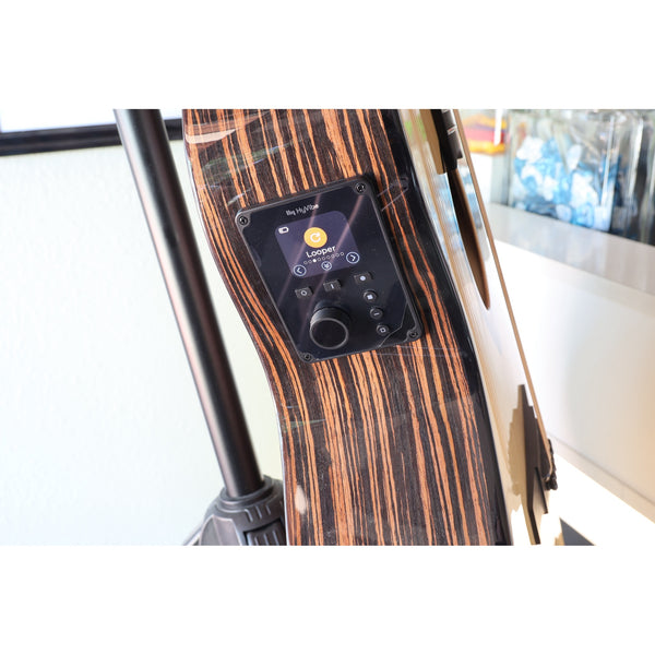 Lâg HyVibe 50 Auditorium Bevel Cutaway Smart Guitar – HV50ACE-2512LT22580 -showing controls in Looper mode and side grain.