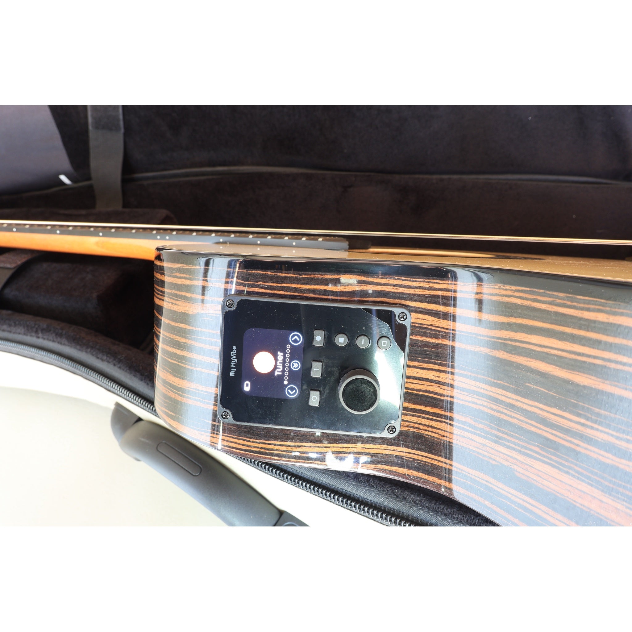 Lâg HyVibe 50 Auditorium Bevel Cutaway Smart Guitar – HV50ACE-2512LT22580 - controls - side view with tuner mode showing