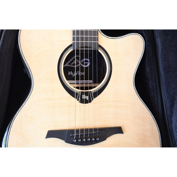 Lâg HyVibe 50 Auditorium Bevel Cutaway Smart Guitar – HV50ACE-2604LT07464 bridge, sound hole, front body..
