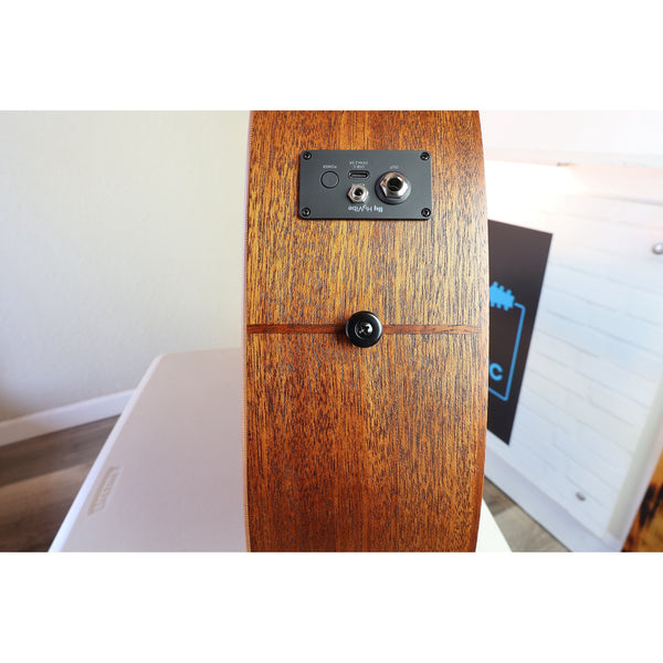 The bottom end pin on this Lâg HyVibe 10 HV10ACE, Serial Number 2604LT07360, with the Hyvibe H2 output jack, power button, usb charger/ output/ input jacks showing.