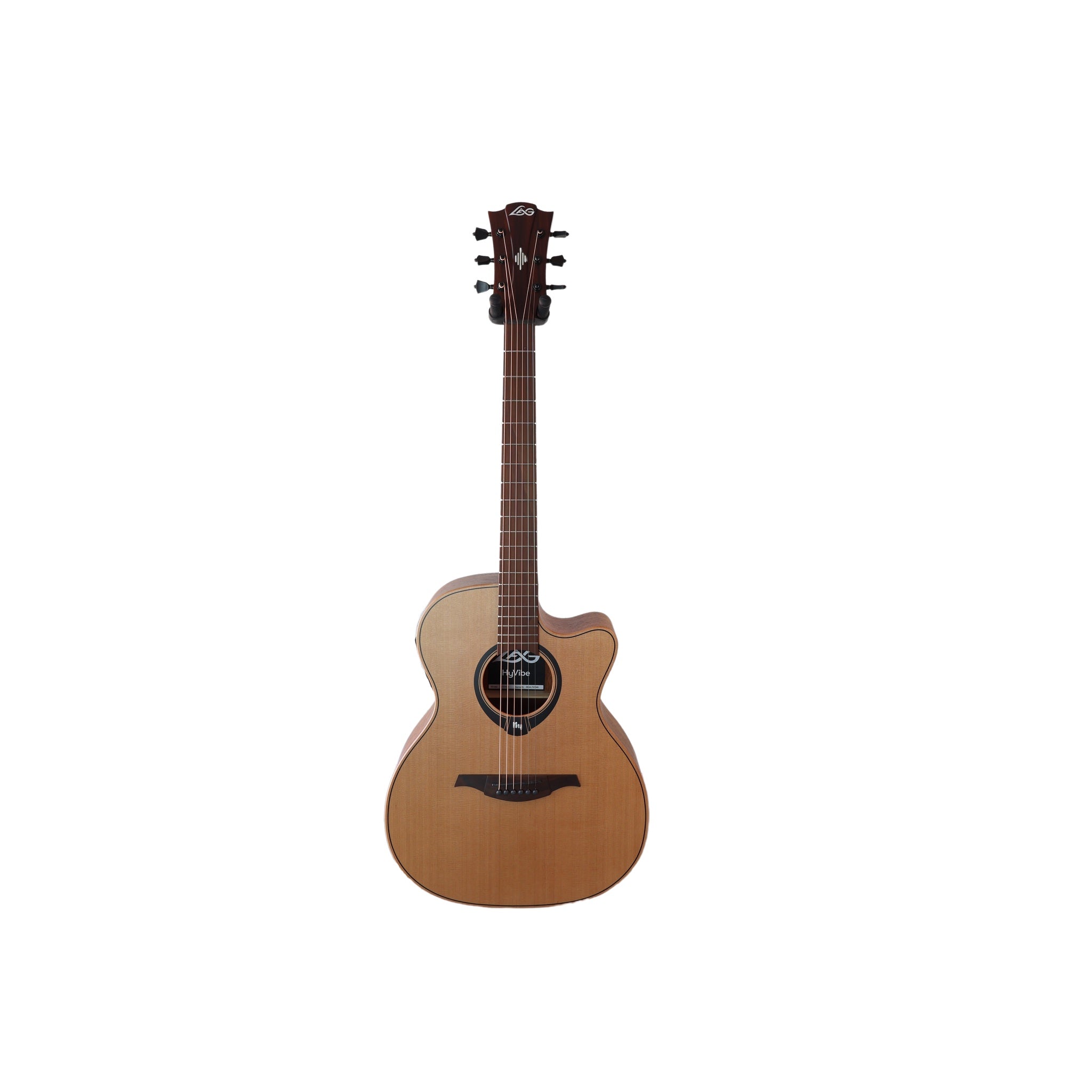 This actual guitar,  Serial Number 2604LT07360, this Lâg HyVibe 10 HV10ACE, full front view with background removed at El Cajon Guitars & Music.
