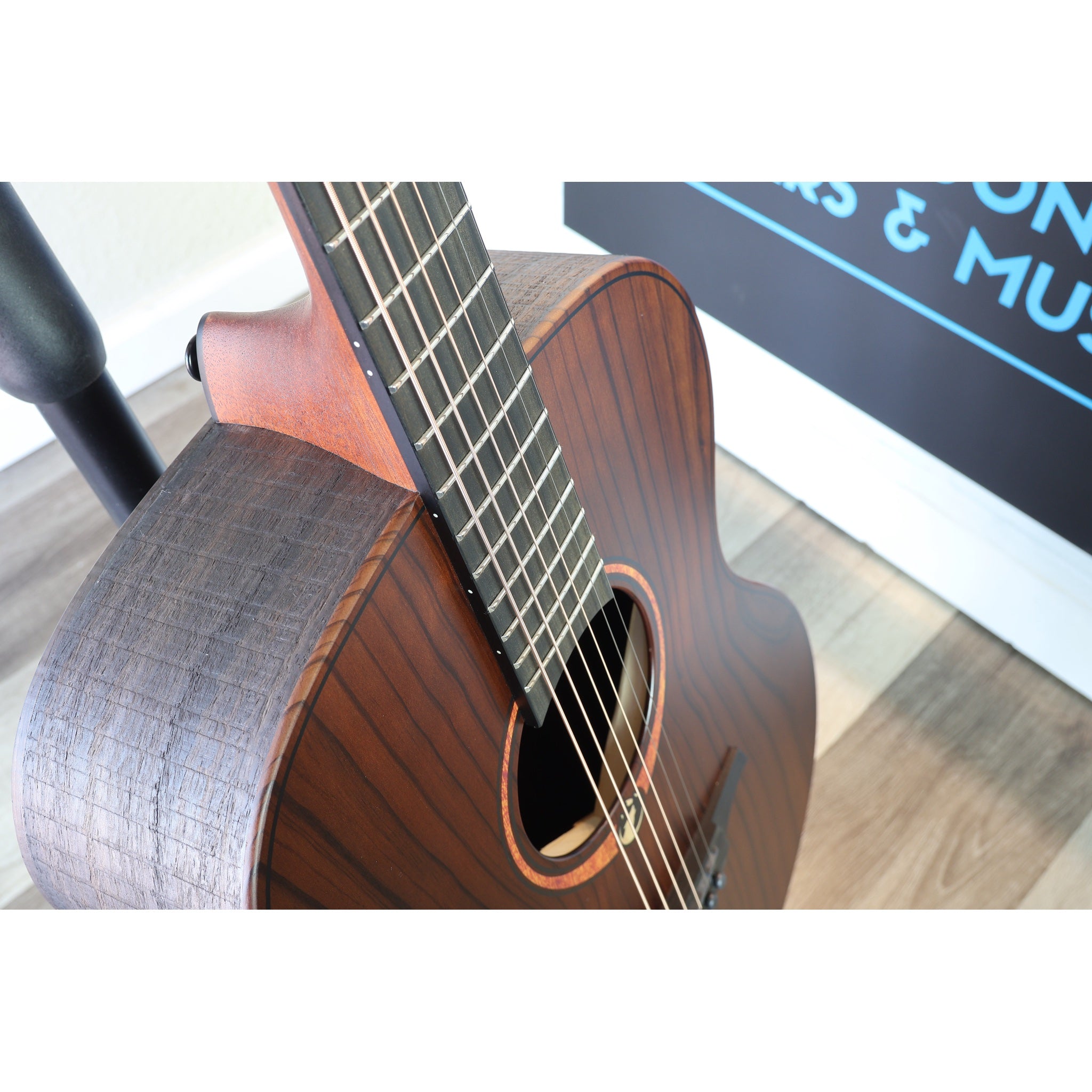 This Lâg Sauvage-A Auditorium Acoustic Guitar with Serial 2511LT20951, neck and body view from downward angle.