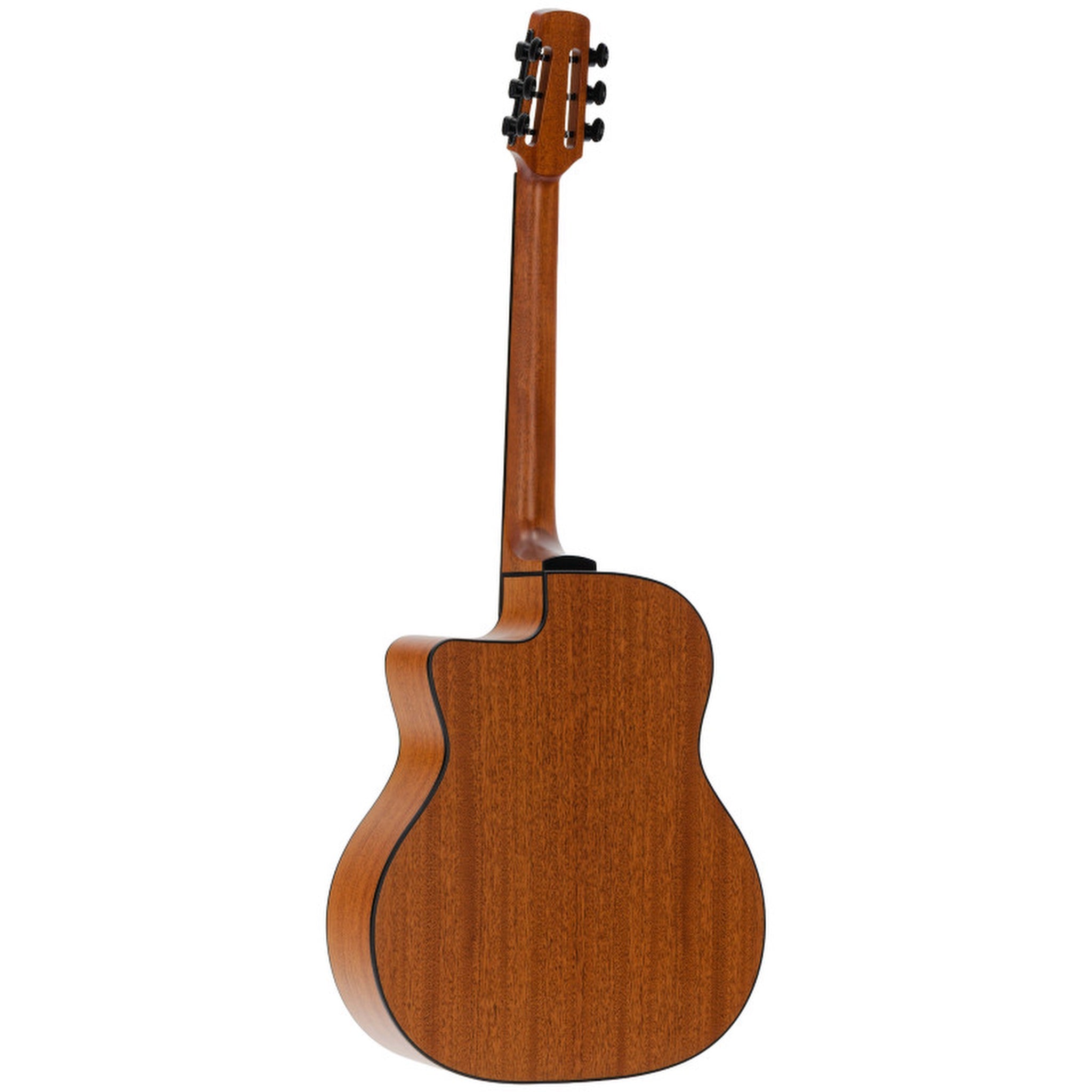 Lâg Swing SL100 Petite Bouche Gypsy Jazz Guitar – full rear view showing mahogany back with natural grain, cutaway body and mahogany neck