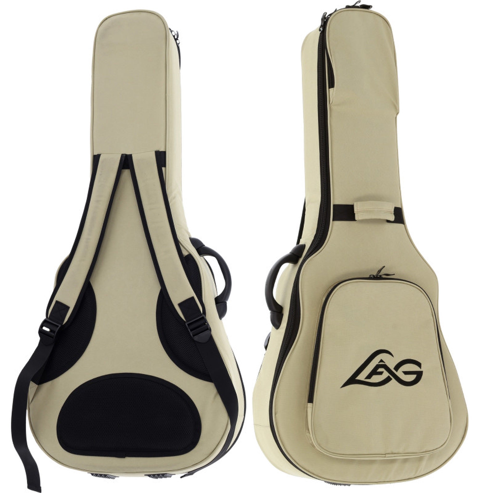 Included with the Lâg SL100 Petite Bouche Gypsy Jazz Guitar fitted semi-rigid gig bag shown front and back – cream exterior with Lâg logo, backpack straps, accessory pocket and carry handle.