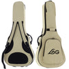 Included with the Lâg SL100 Petite Bouche Gypsy Jazz Guitar fitted semi-rigid gig bag shown front and back – cream exterior with Lâg logo, backpack straps, accessory pocket and carry handle.
