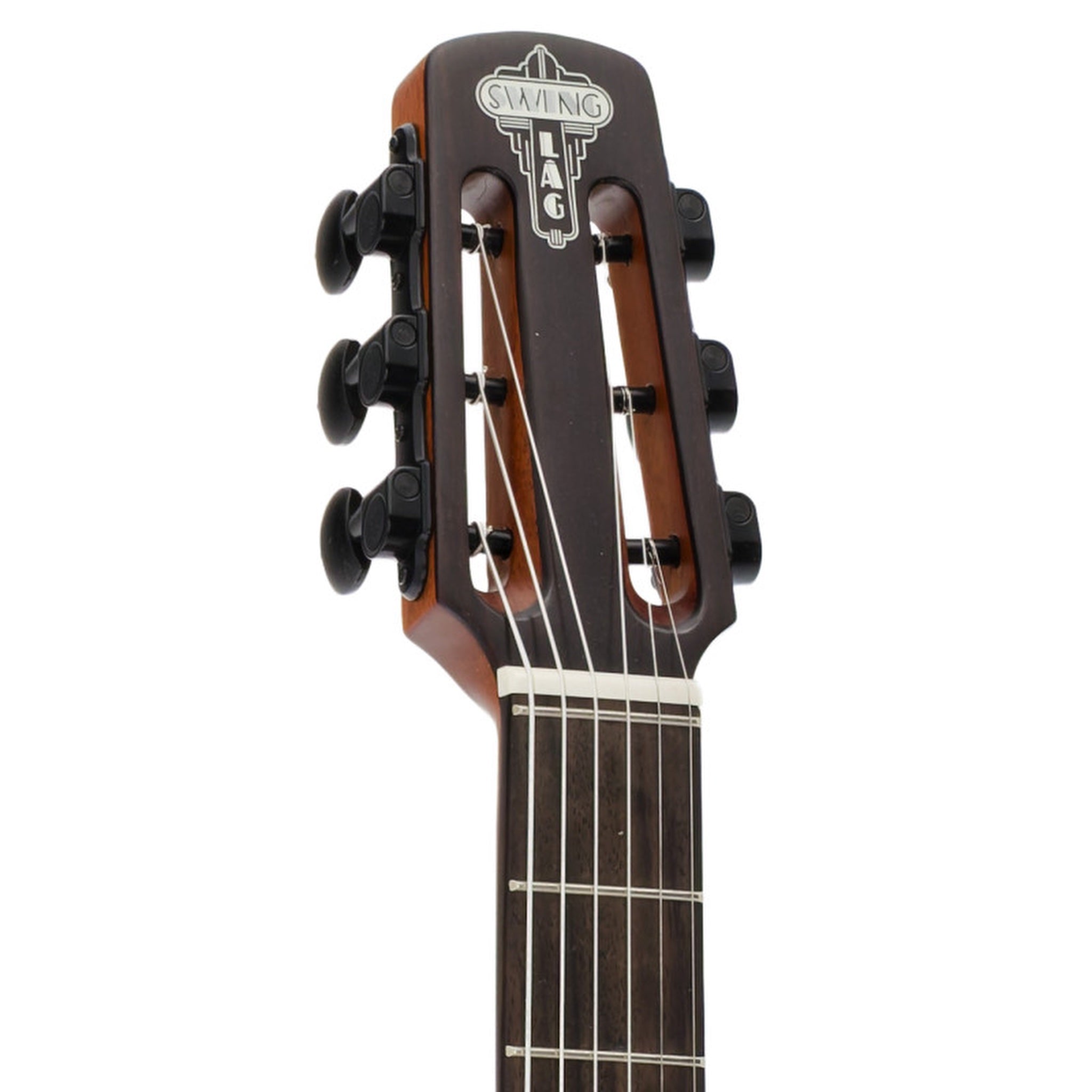 Close-up of the headstock of Lâg SL100 Petite Bouche Gypsy Jazz acoustic guitar, showing the brand logo and six black tuning pegs against a white background.
