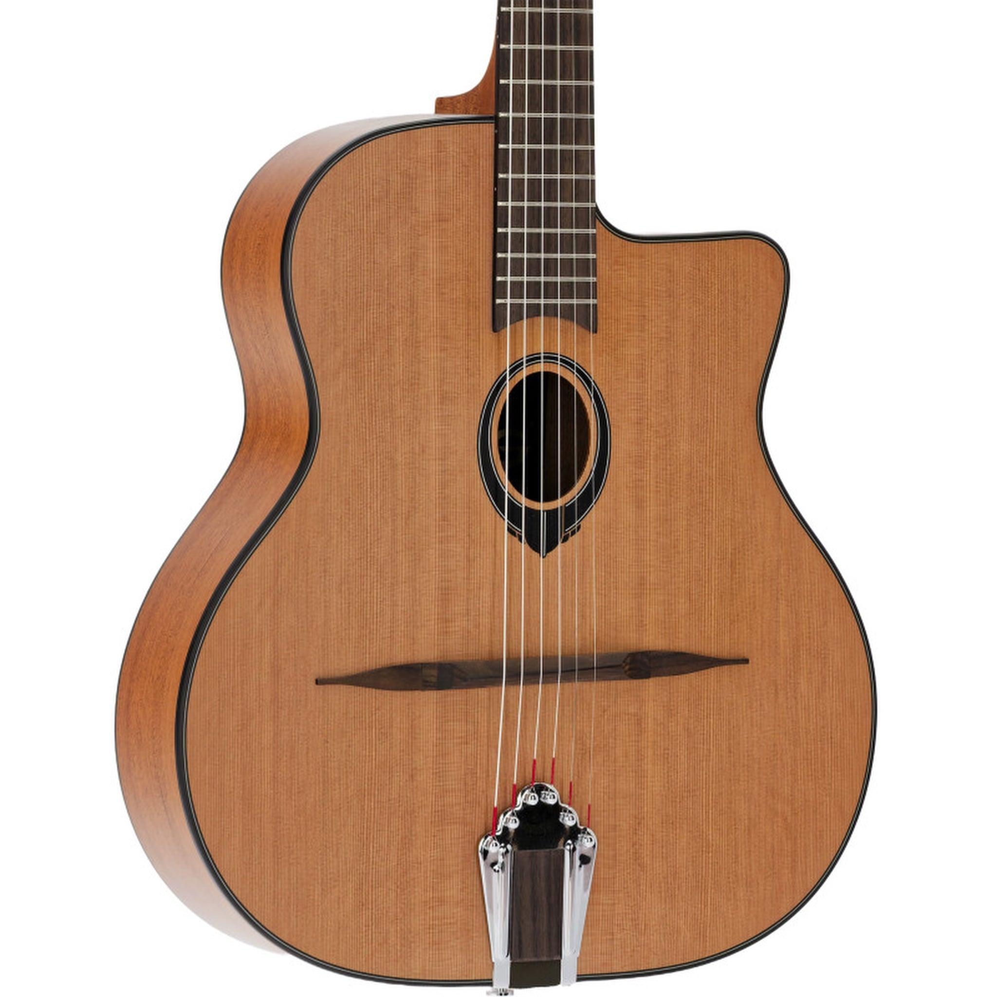 Lâg Swing SL100 Petite Bouche Gypsy Jazz Guitar – front close-up of slotted headstock showing Swing Lâg logo inlay, black die-cast tuners and zero fret at top of rosewood fingerboard