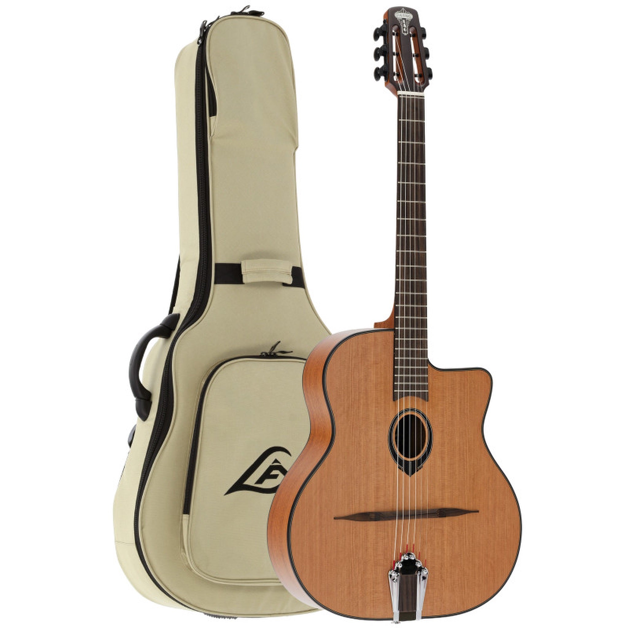 Lâg Swing SL100 Petite Bouche Gypsy Jazz Guitar – with soft shell case it comes with.