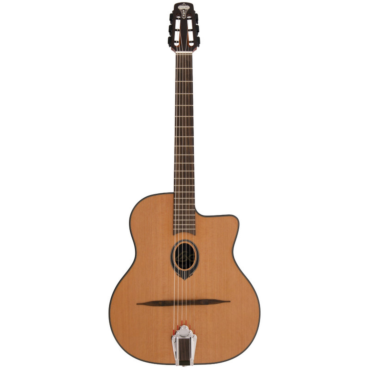 Lâg Swing SL100 Petite Bouche Gypsy Jazz Guitar – full front view showing solid red cedar top, petite bouche oval soundhole, cutaway body, metal tailpiece and slotted headstock