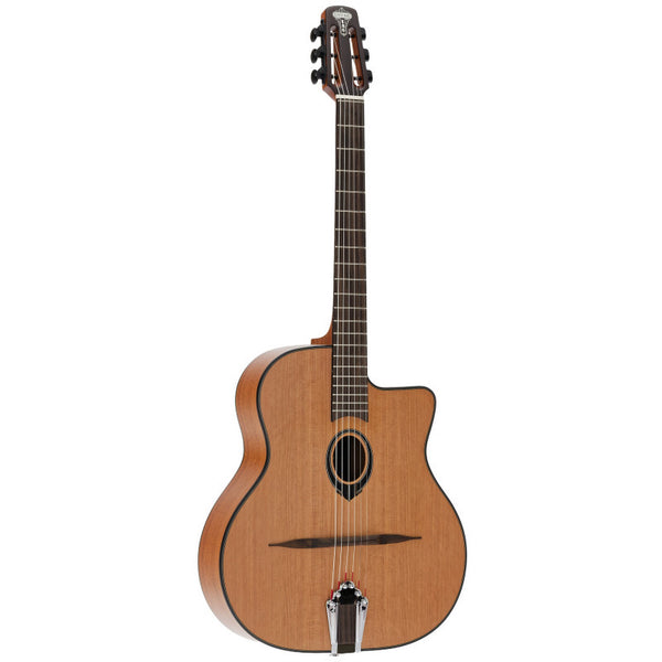Lâg Swing SL100 Petite Bouche Gypsy Jazz Guitar – three-quarter front view showing solid red cedar top, petite bouche oval soundhole, cutaway body, rosewood bridge, metal tailpiece and slotted headstock