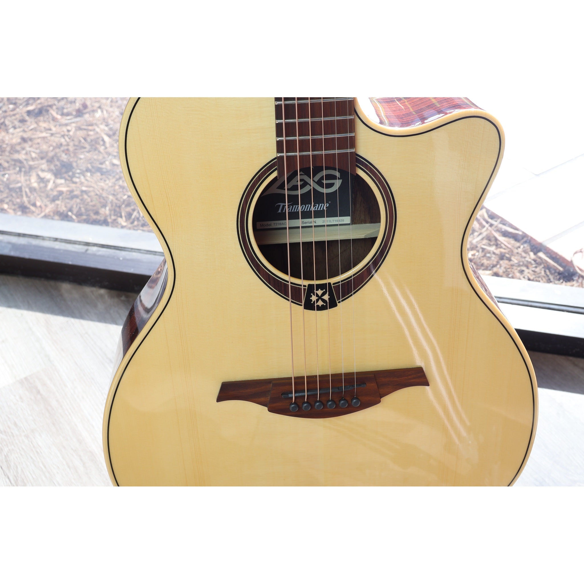 Lâg T218ACE Tramontane 218 Auditorium Acoustic-Electric Guitar – Natural Gloss - Serial Number 2511LT19929 - natural light at ECGMusic.com front.