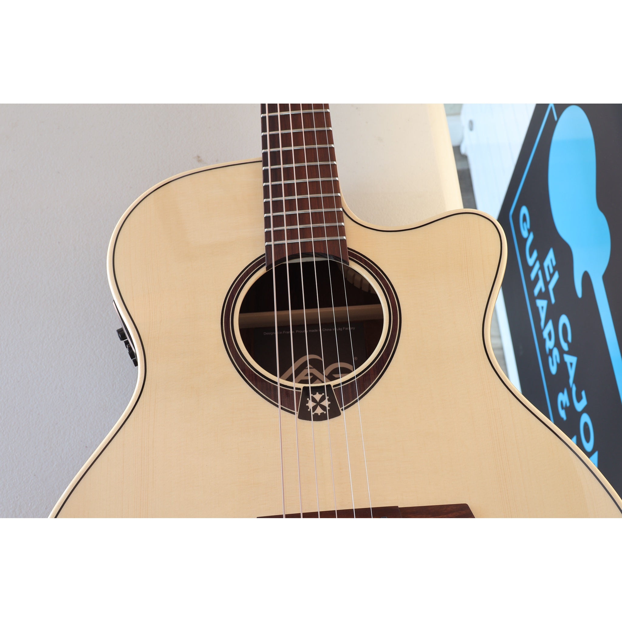 Lâg T218ACE Tramontane 218 Auditorium Acoustic-Electric Guitar – Natural Gloss - Serial Number 2511LT19929 - natural light at ECGMusic.com rosette detail.