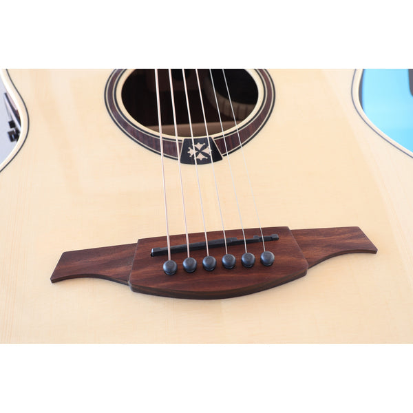 Lâg T218ACE Tramontane 218 Auditorium Acoustic-Electric Guitar – Natural Gloss - Serial Number 2511LT19929 - natural light at ECGMusic.com bridge detail