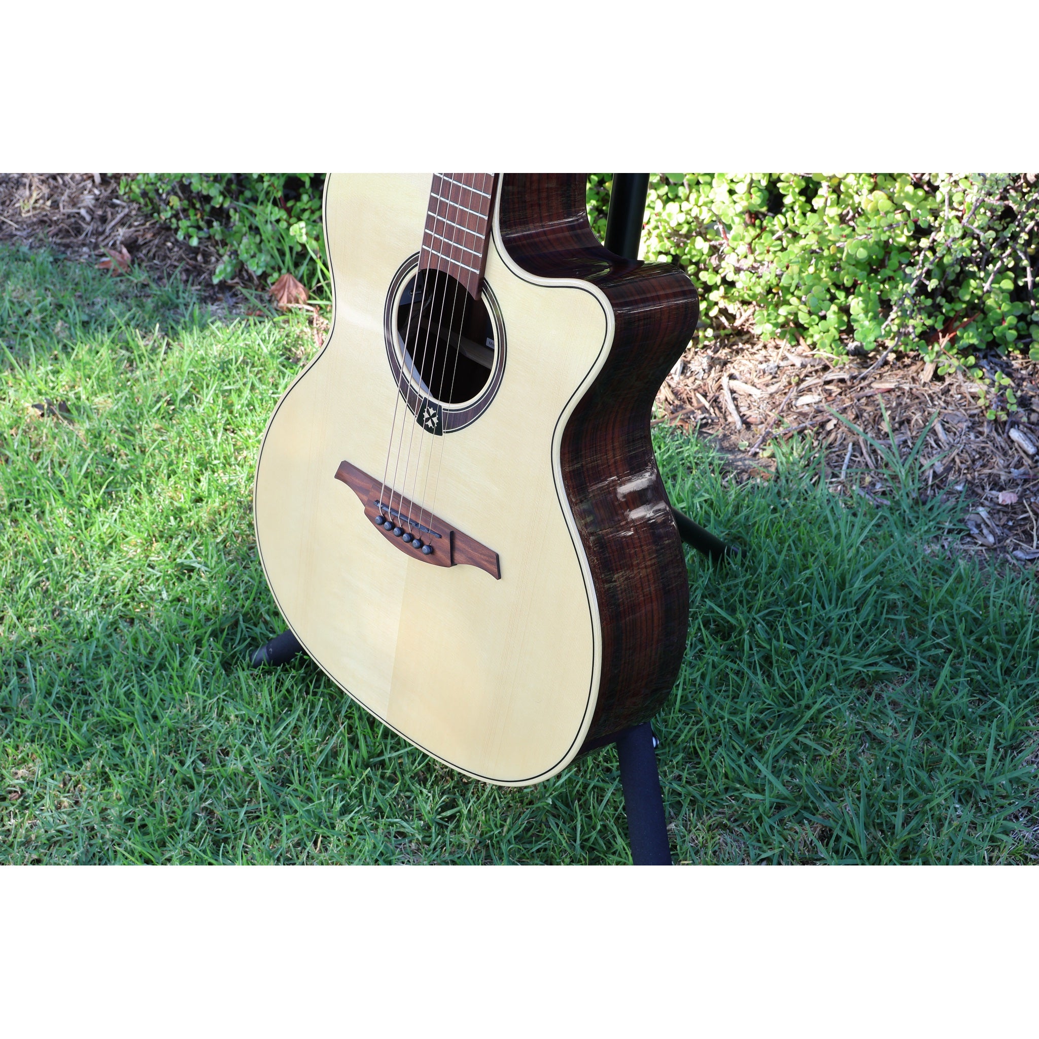 Lâg T218ACE Tramontane 218 Auditorium Acoustic-Electric Guitar – Natural Gloss - Serial Number 2511LT19929 - natural light at ECGMusic.com side angle - beautiful grain.