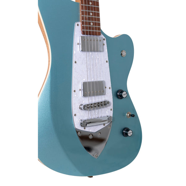 Tagima Rocker UQ Lake Placid Blue body close-up with pearloid pickguard and chrome humbuckers