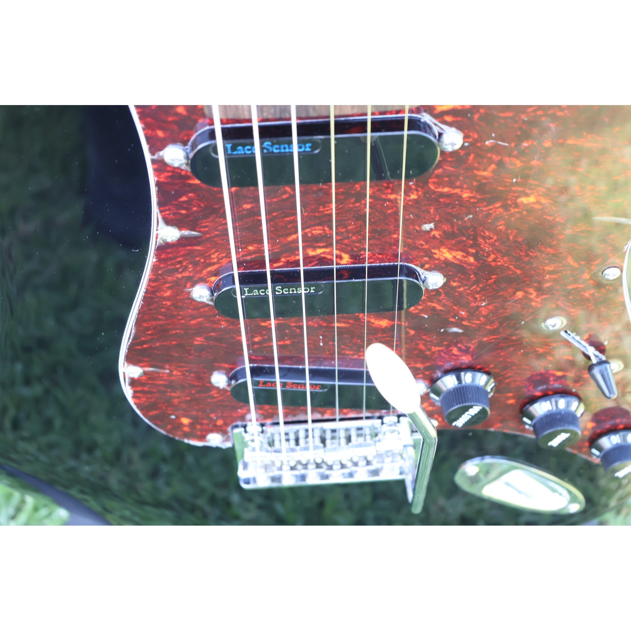 Closeup of the Lace Sensor Red/Silver/Blue Pickups.