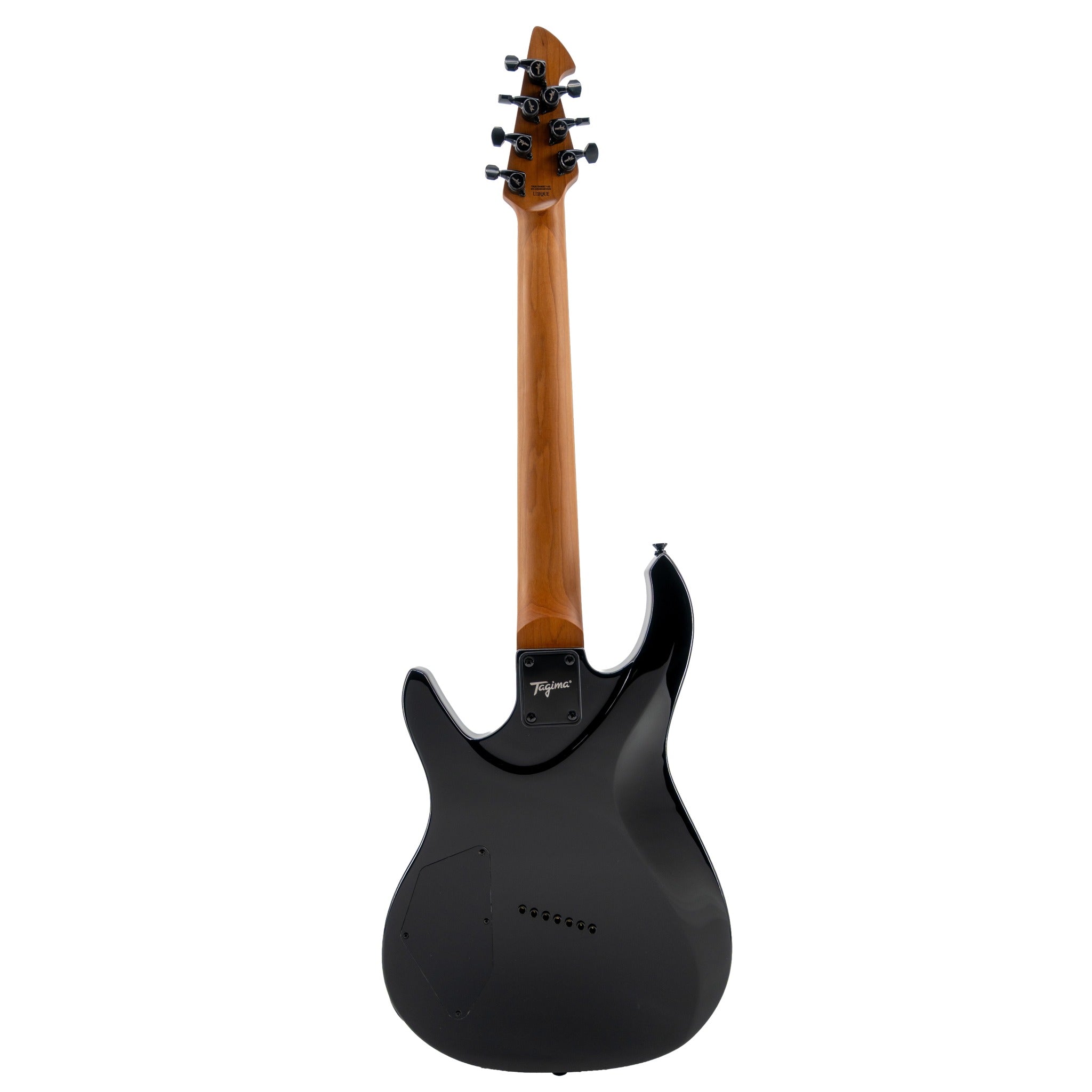 Tagima True Range 7 UQ back view with roasted maple neck and black gloss body