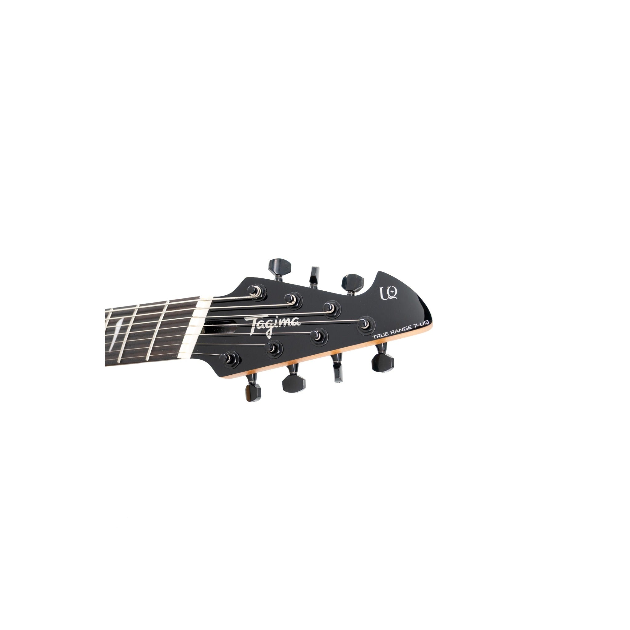 Tagima True Range 7 UQ headstock with black tuners and UQ logo