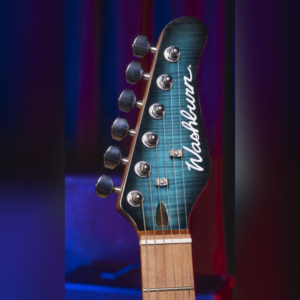 Washburn Sonamaster Elite SE3FBLB-U Flame Blue Burst headstock and roasted maple neck